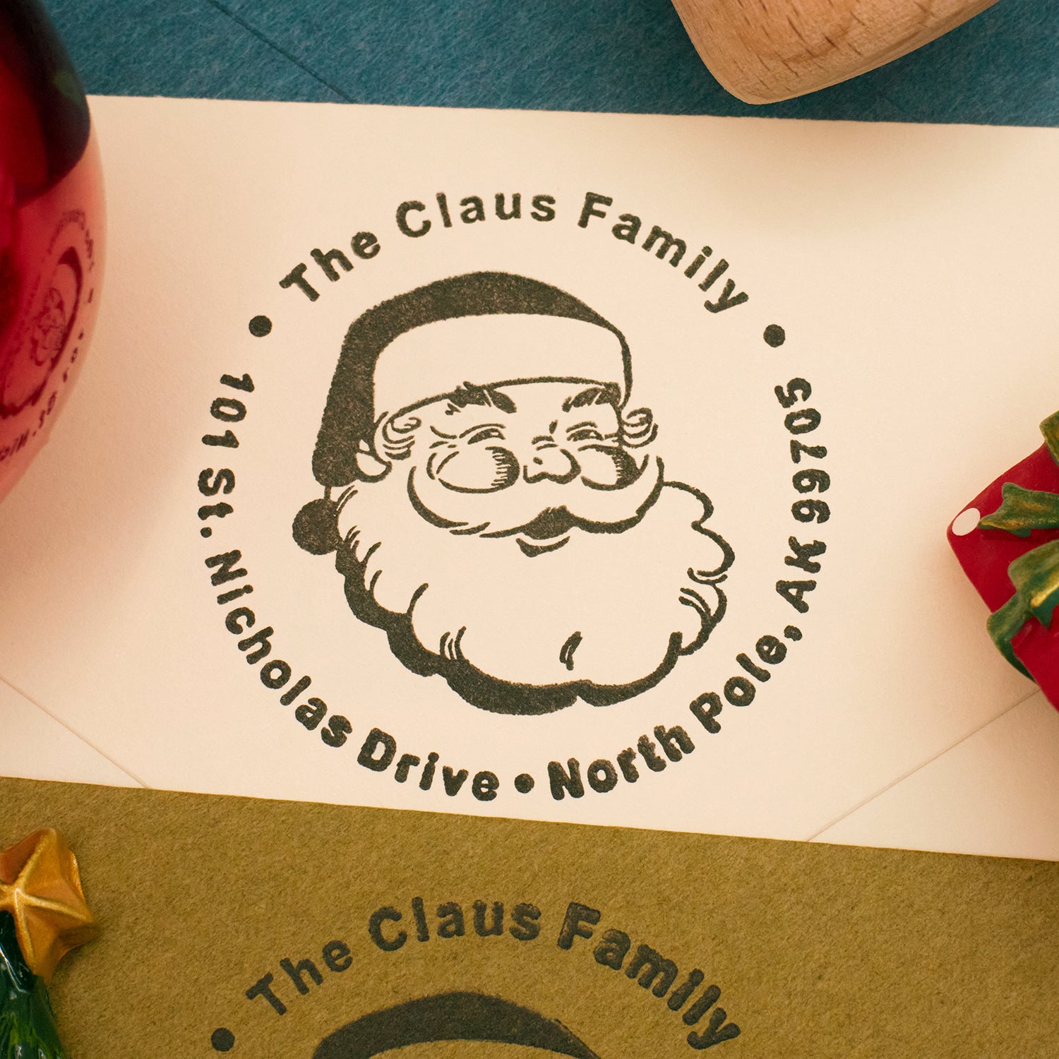 Personalisierter Weihnachts-Adresse Holz-Gummistempel 1