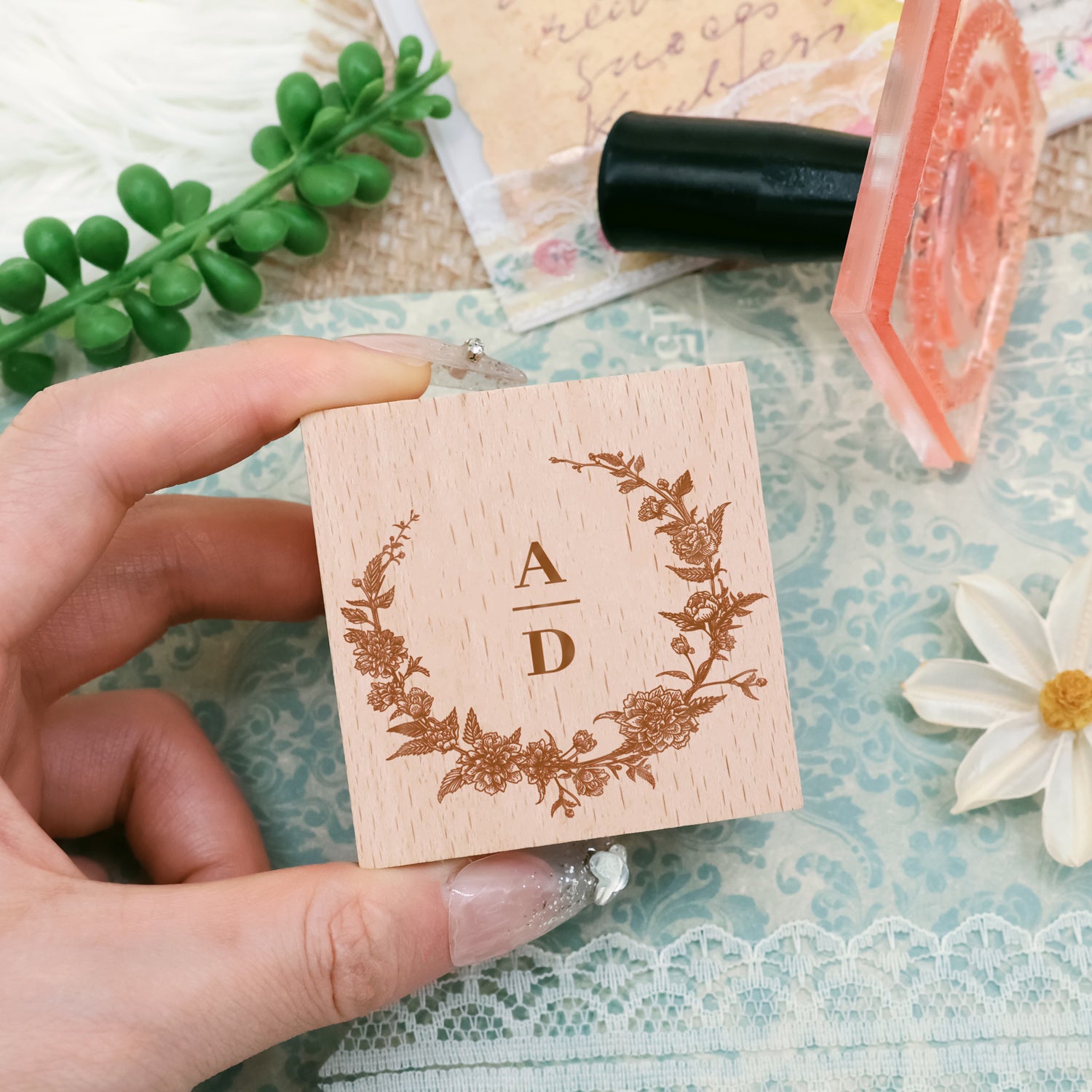 Personalisierter Botanischer Hochzeits-Monogramm Stempel aus Gummi (18 Designs)1