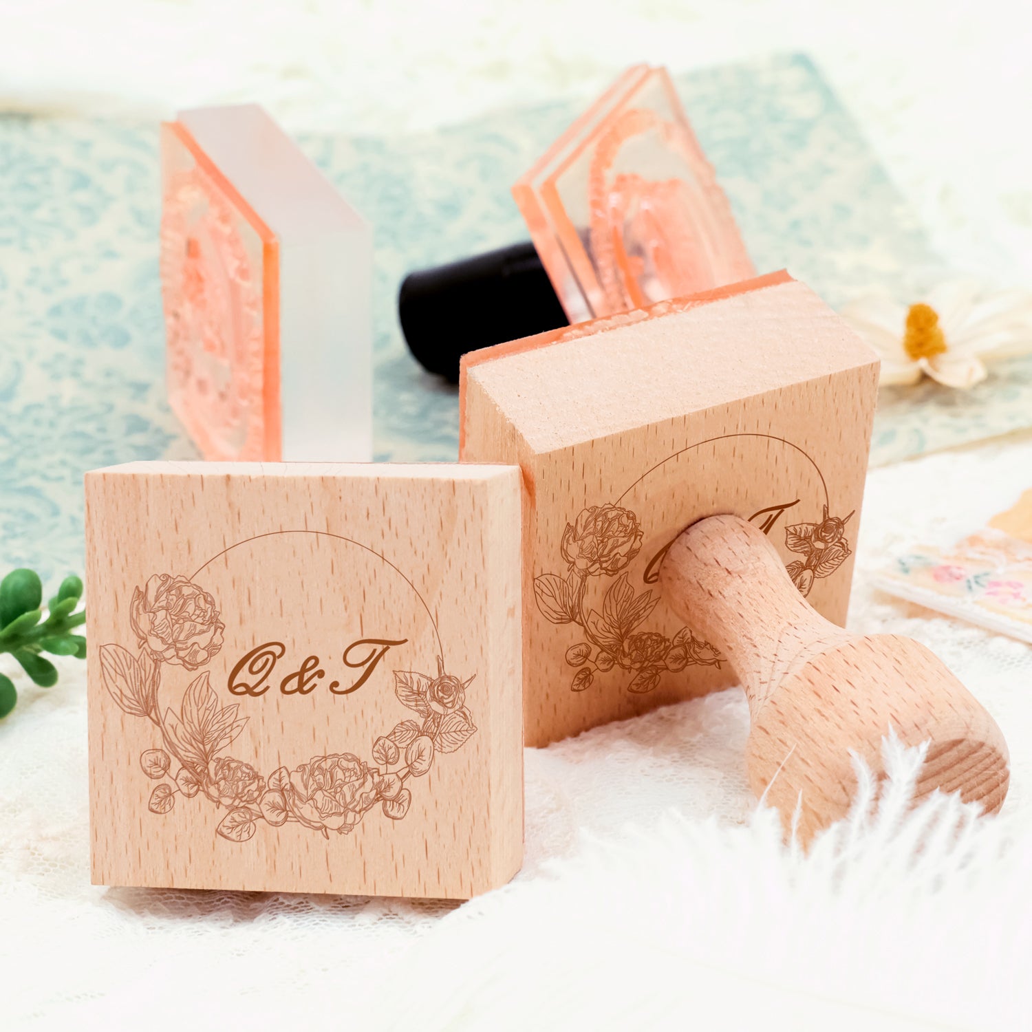 Custom Botanical Wedding Monogram Rubber Stamp -SKU16 3