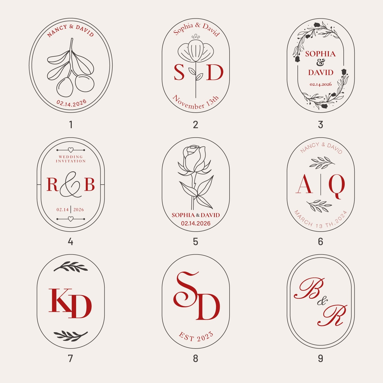 Personalisierter ovaler Hochzeits-Siegelwachs-Stempel (27 Designs)-sku1