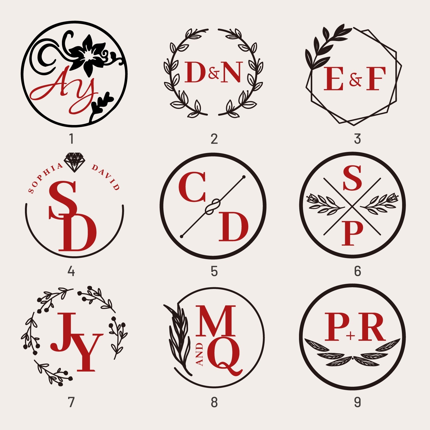 Custom Wedding Monogram Rubber Stamp (36 Designs) sku1