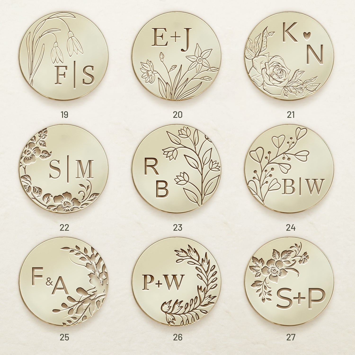 Sello de Caucho de Lacre con Monograma de Boda Botánico Sin Bordes Personalizado (27 Diseños)-sku3
