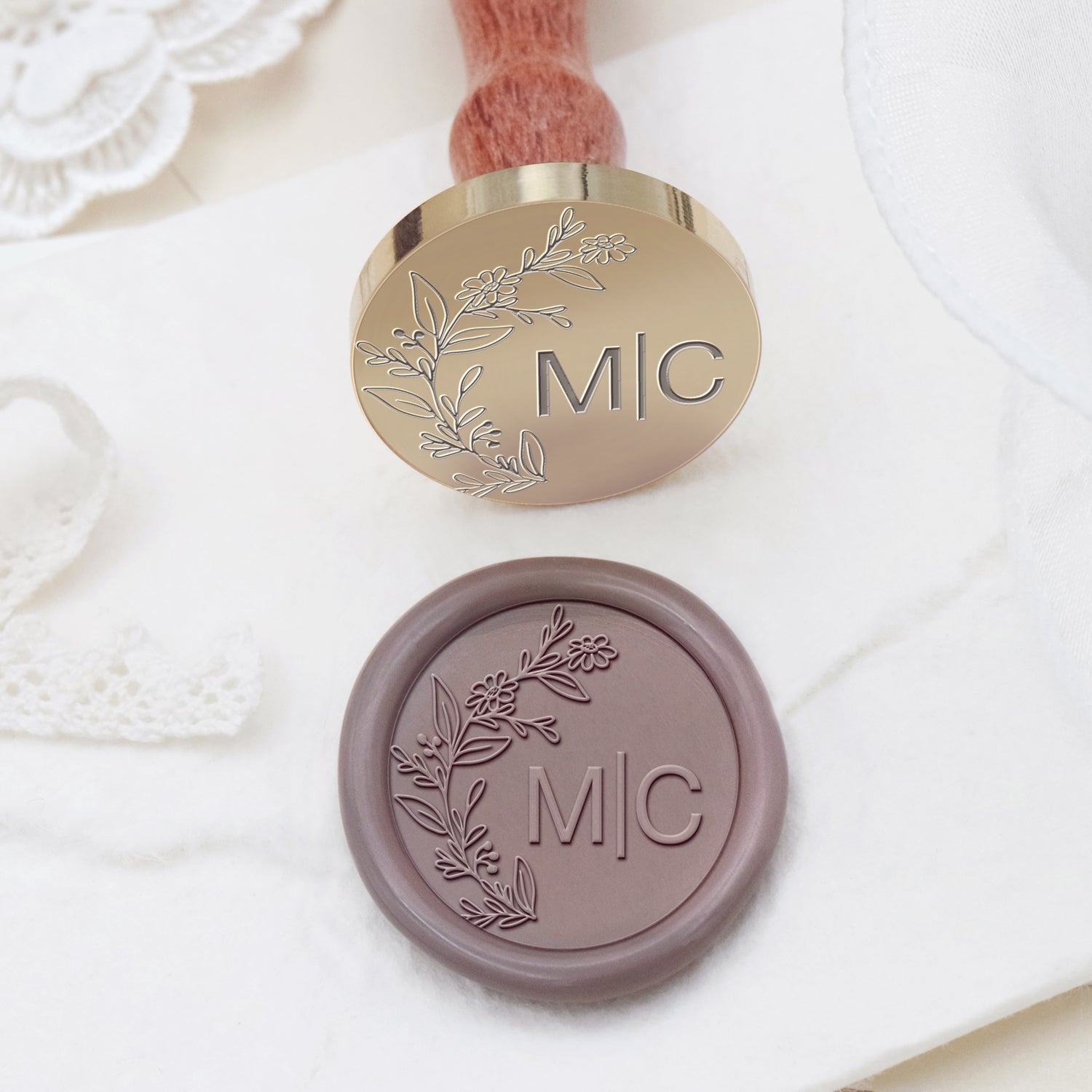 Personalisierter randloser botanischer Hochzeits-Monogramm-Siegelwachs-Stempel - Stil 3 2