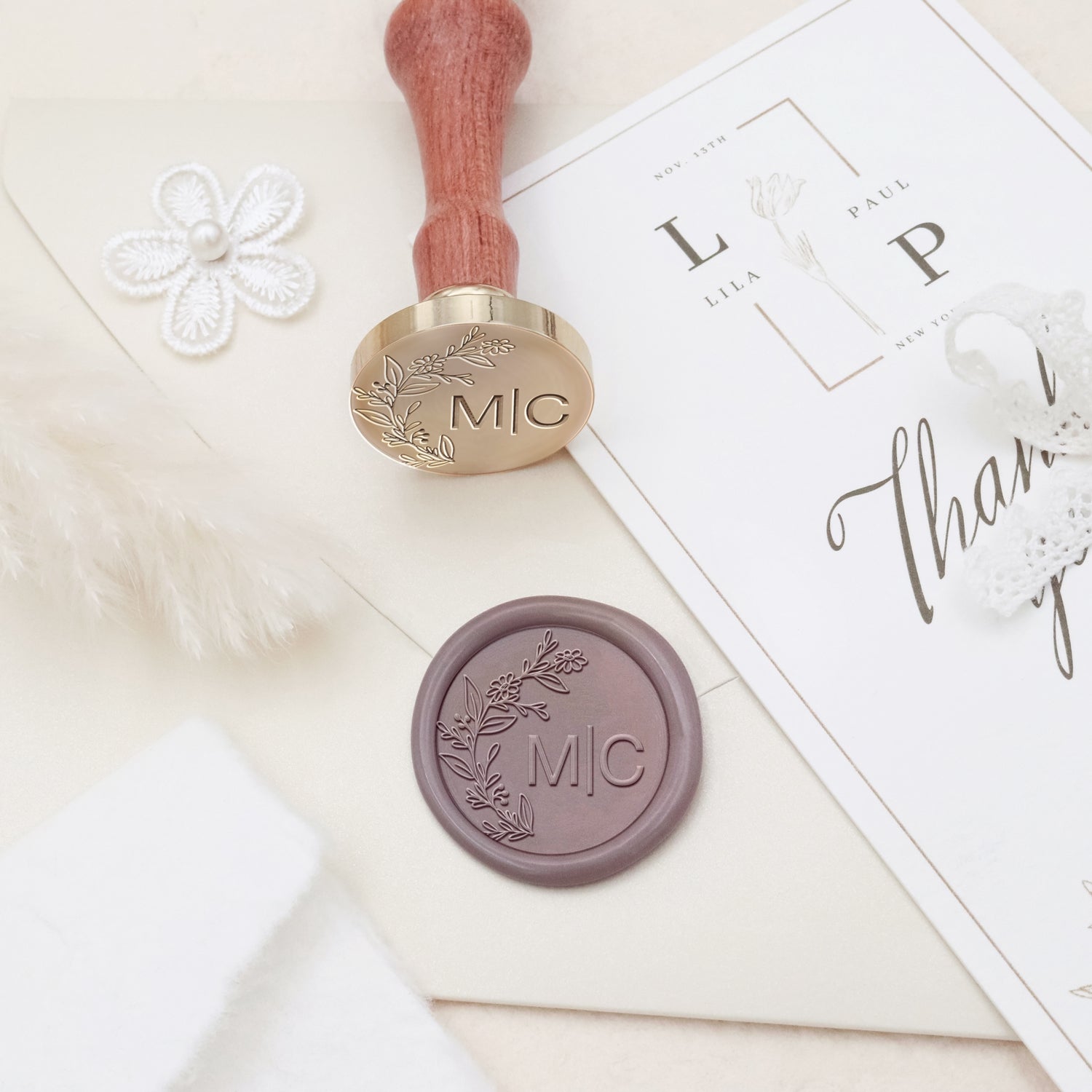 Personalisierter randloser botanischer Hochzeits-Monogramm-Siegelwachs-Siegelstempel - Stil 3 3
