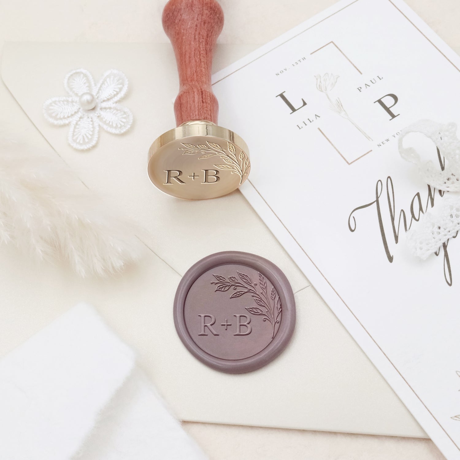 Personalisierter randloser botanischer Hochzeit Monogramm Siegelwachs Siegelstempel - Stil 5 3