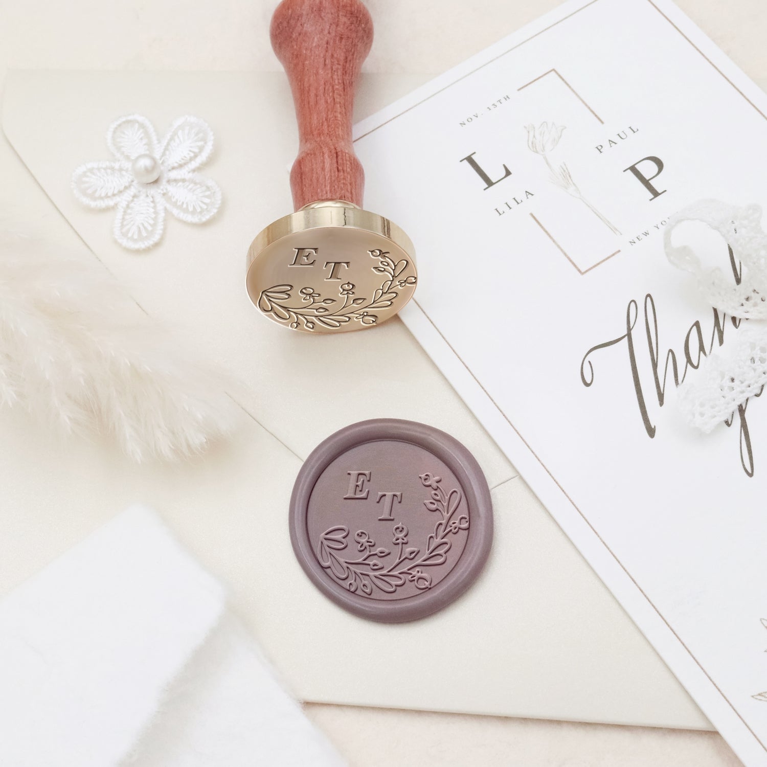 Individueller rahmenloses botanischer Hochzeits-Monogramm Siegelstempel aus Wachs - Stil 11 3