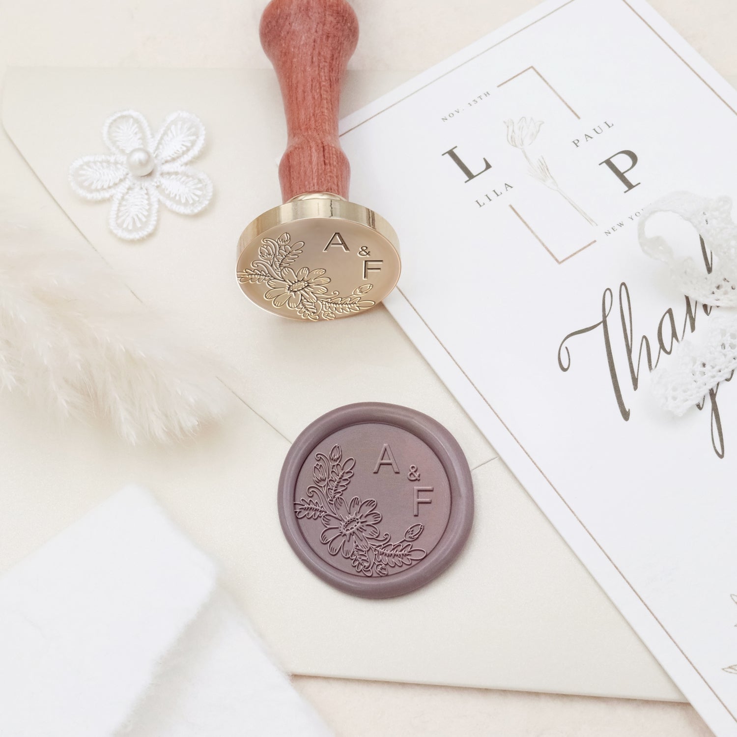 Custom Borderless Botanical Wedding Monogram Wax Seal Stamp - Style 12 3