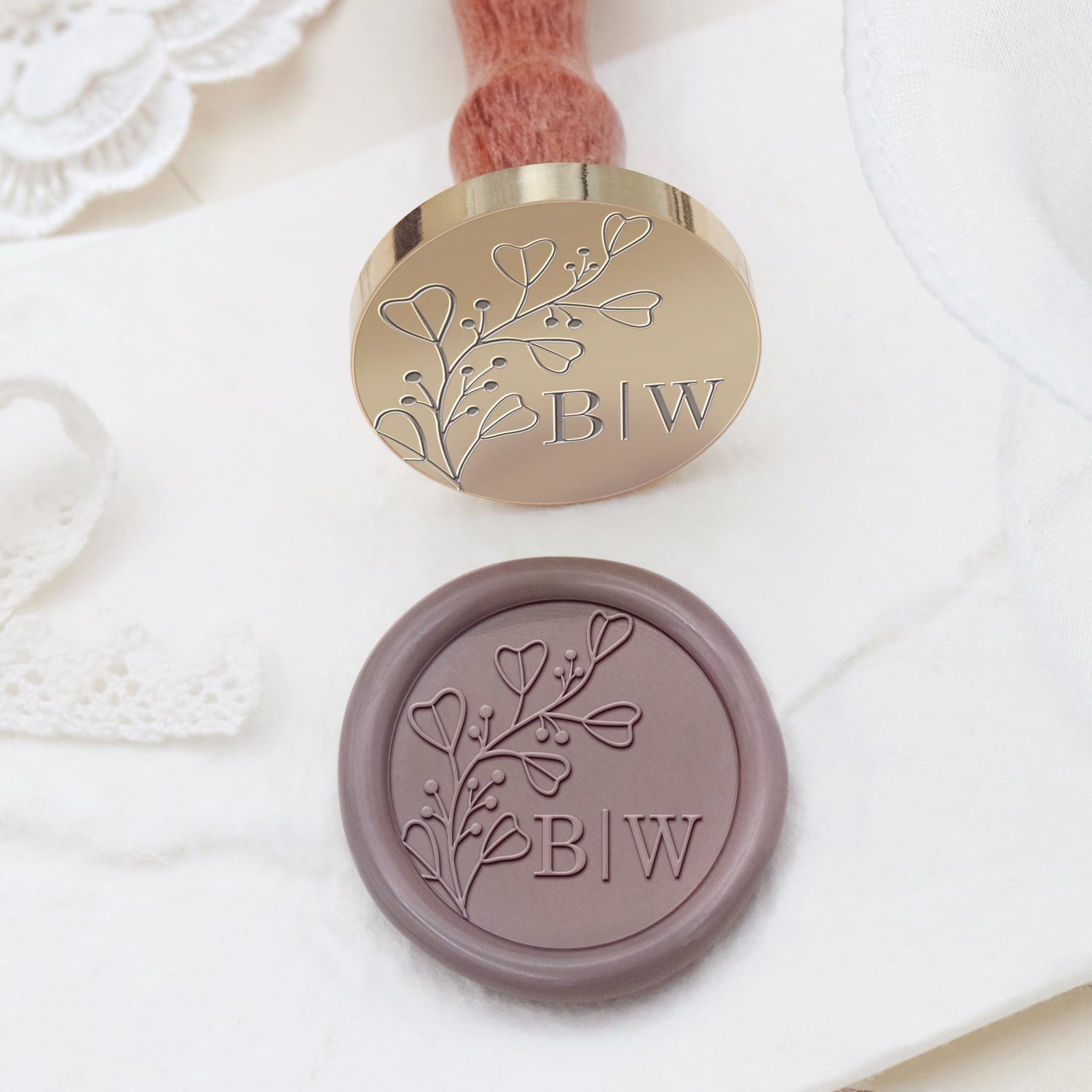 Personalisierter randloser botanischer Hochzeits-Monogramm Siegelwachs Siegelstempel - Stil 24 2