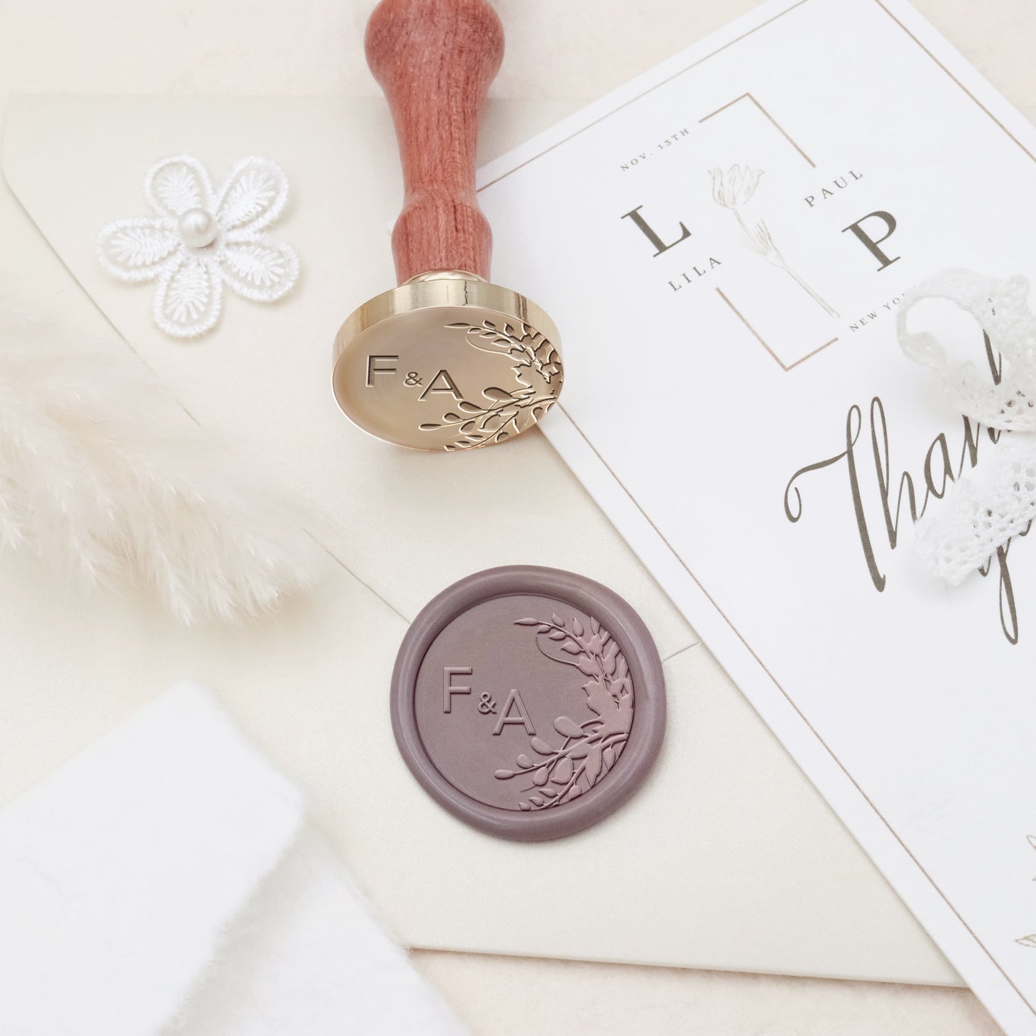 Personalisierter randloser botanischer Hochzeits-Monogramm-Siegelwachs-Siegelstempel - Stil 25 3