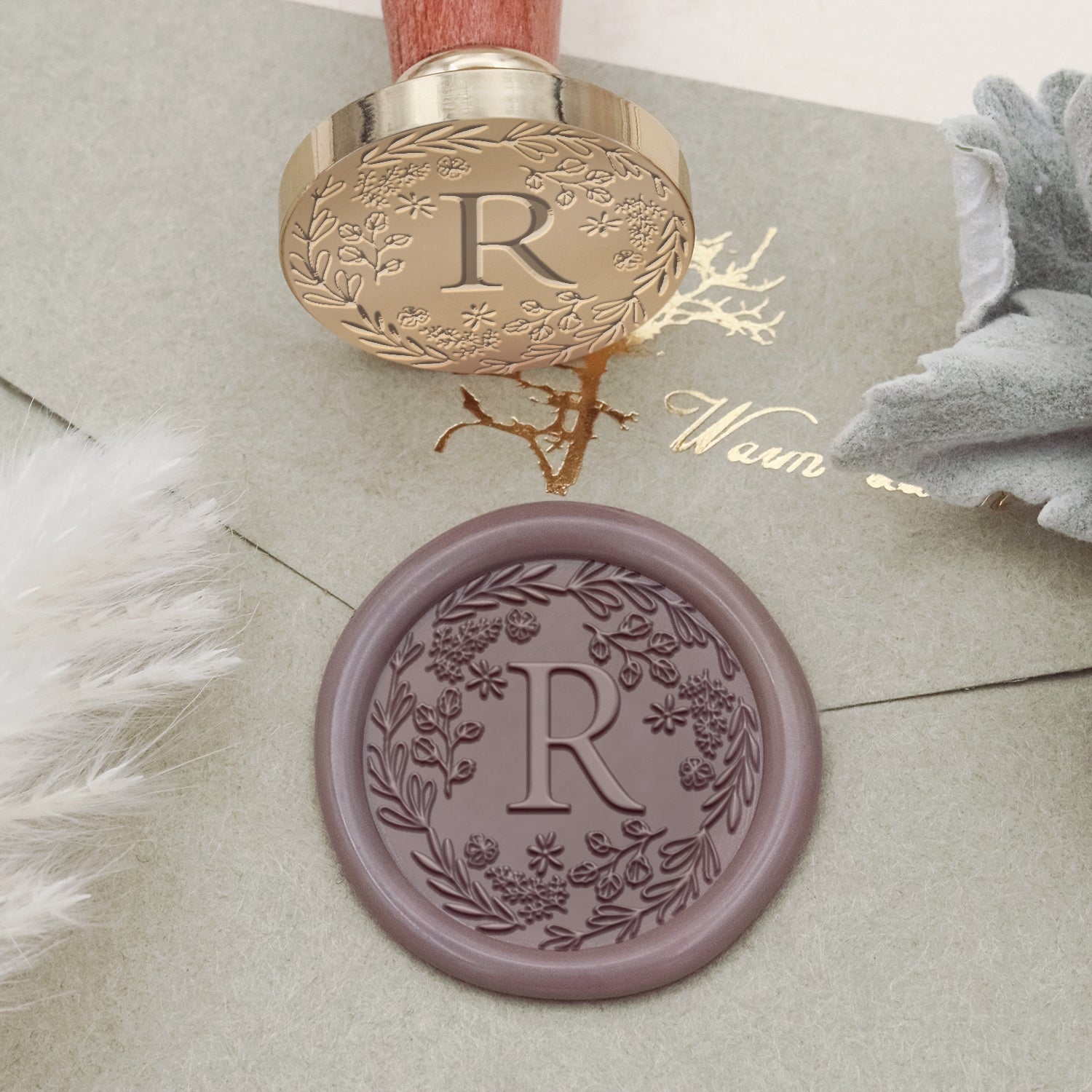 Custom Botanical Border Single Initial Wax Seal Stamp - Style 25 2