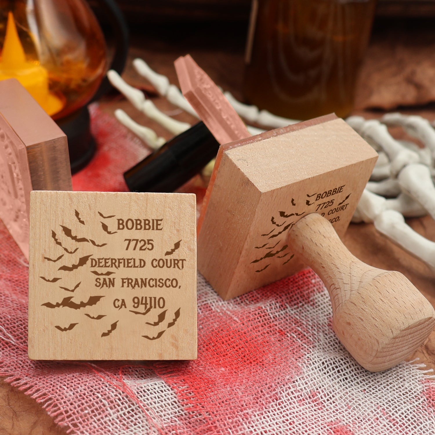 Sello de caucho personalizado de enjambre de murciélagos de Halloween para dirección3