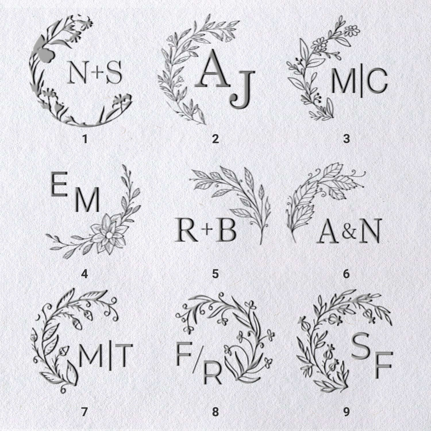 Personalisierter Botanischer Initialen Hochzeits-Monogramm Prägestempel (27 Designs) Personalisierter Botanischer Initialen Hochzeits-Monogramm Prägestempel (27 Designs)11