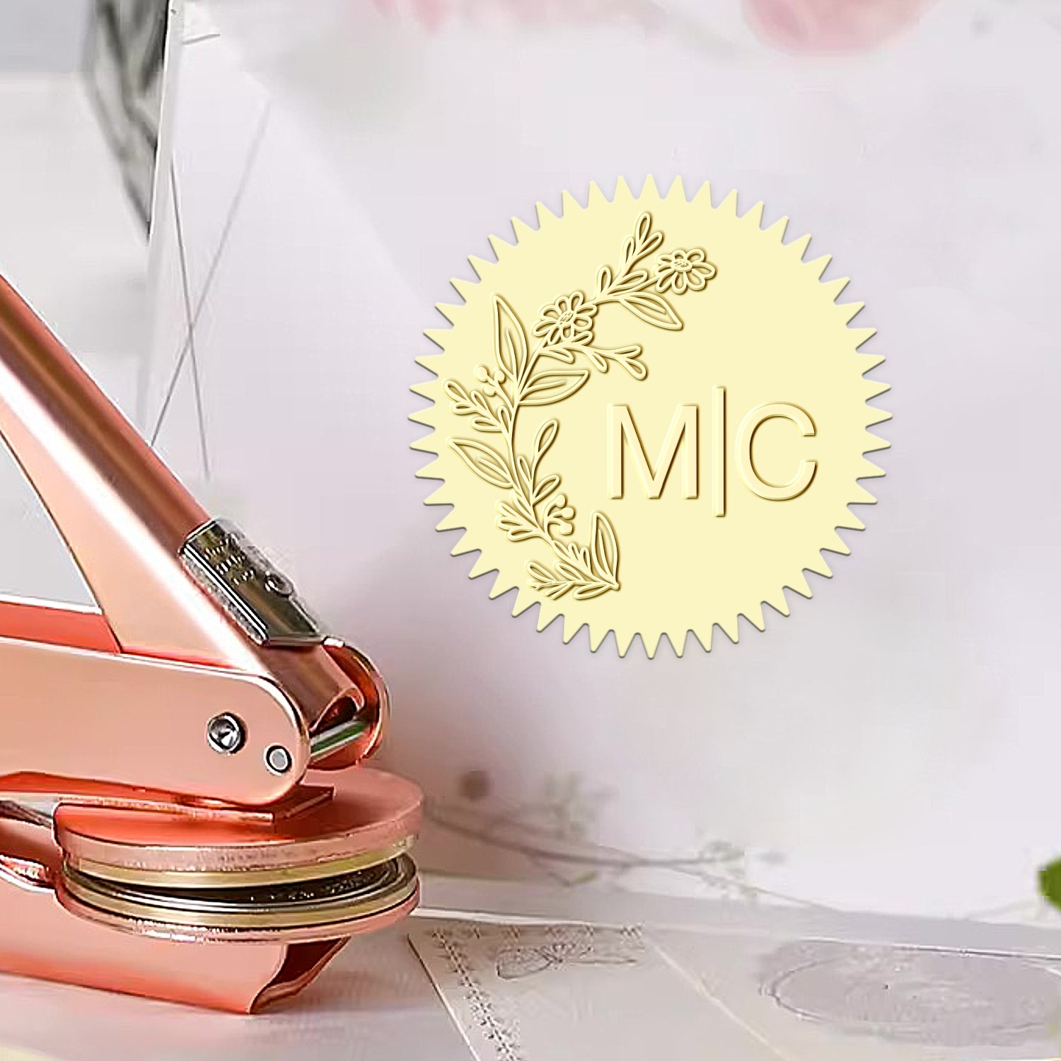 Sello en Seco de Monograma de Boda con Iniciales Botánicas Personalizadas - Estilo 3 Sello en Seco de Monograma de Boda con Iniciales Botánicas Personalizadas - Estilo 313 21