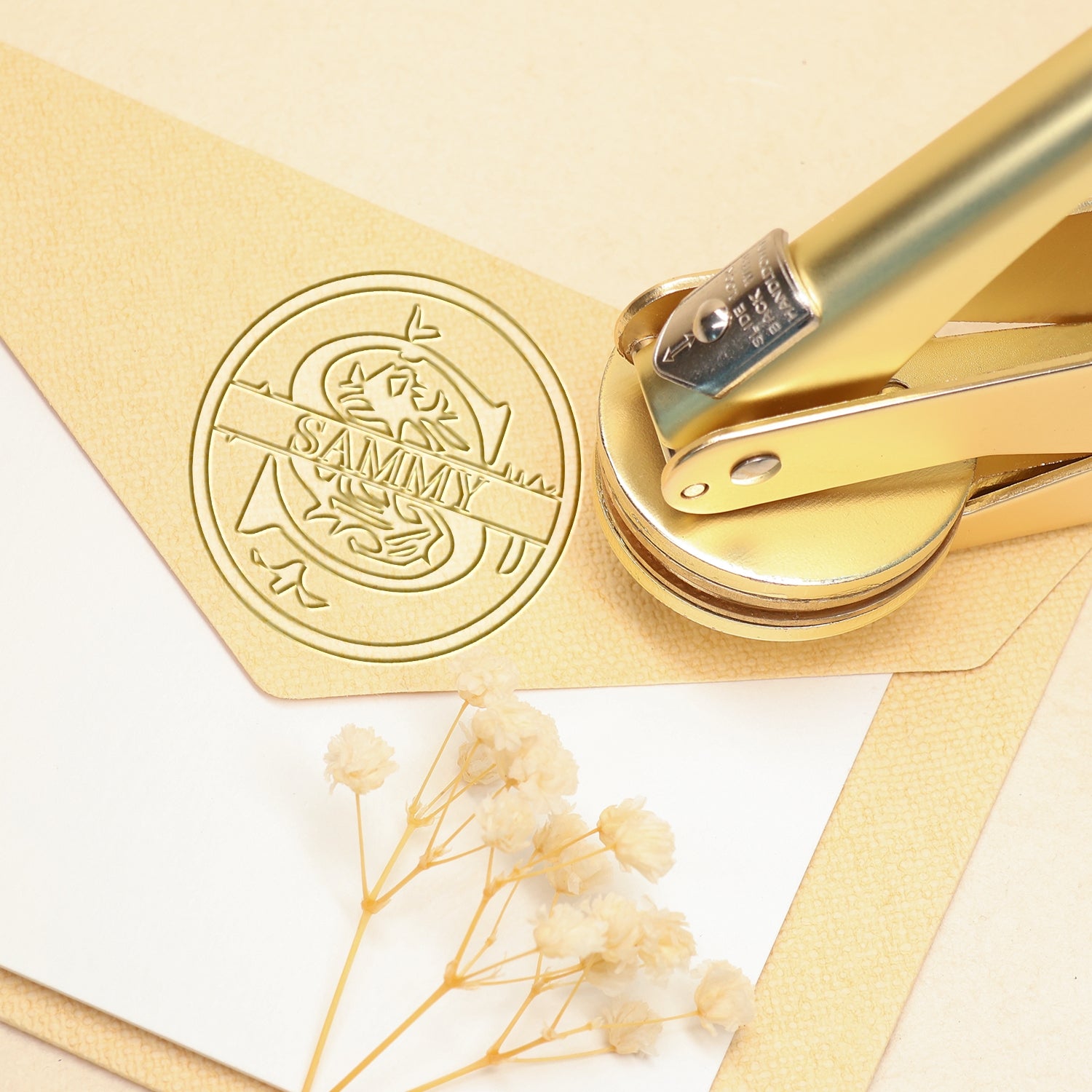 Sello en seco personalizado de nombre floral de 26 letras - S S11