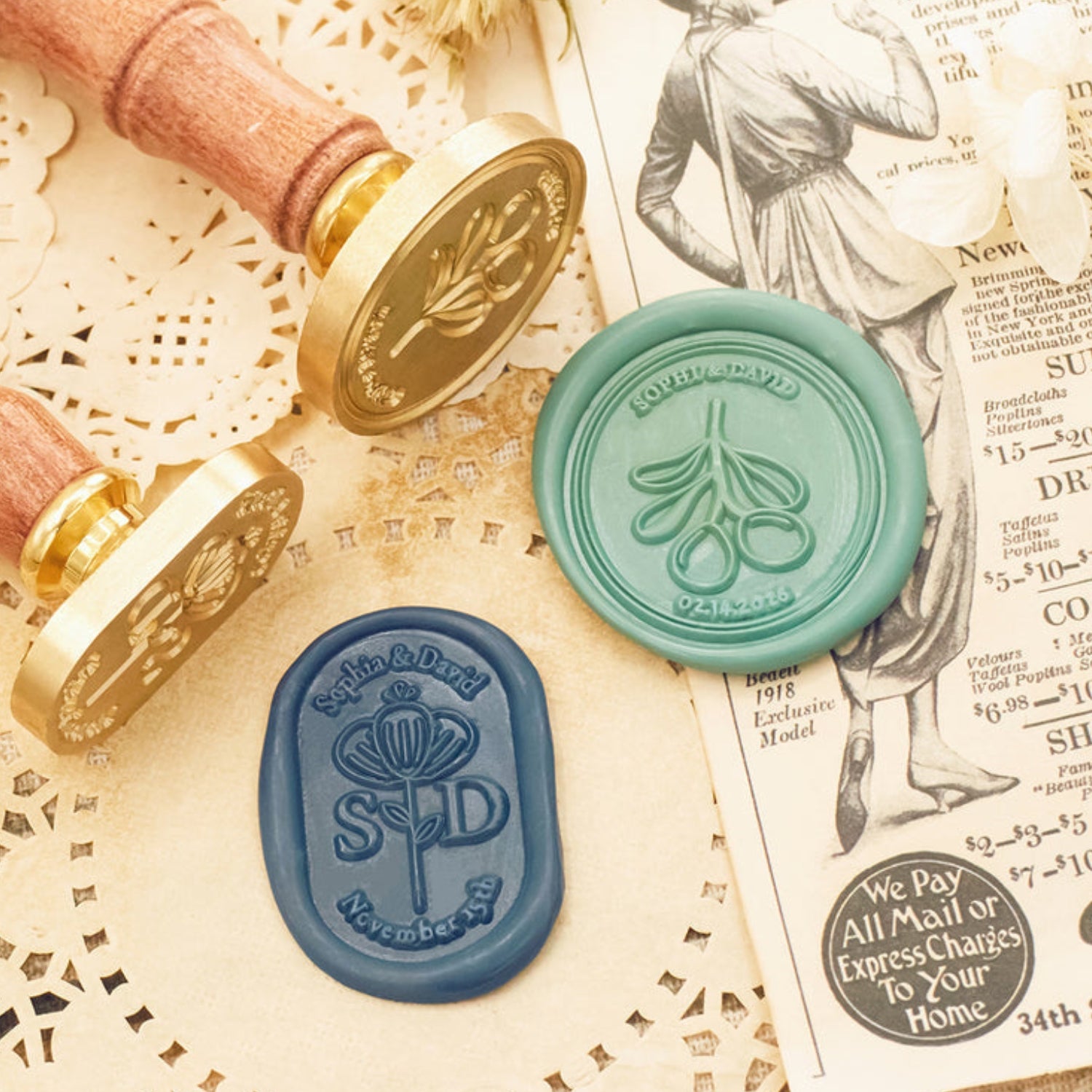 Individueller ovaler Hochzeits-Siegelstempel aus Wachs (27 Designs) 31