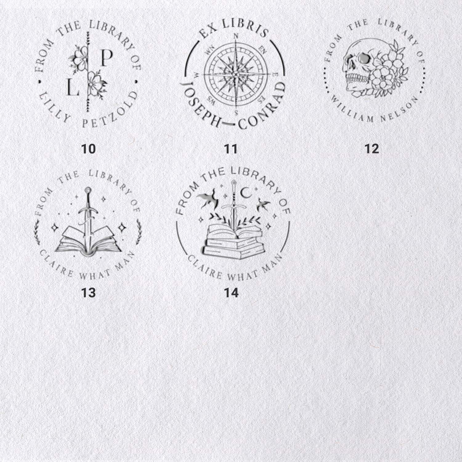 Timbre à sec personnalisé pour livres (12 designs)4