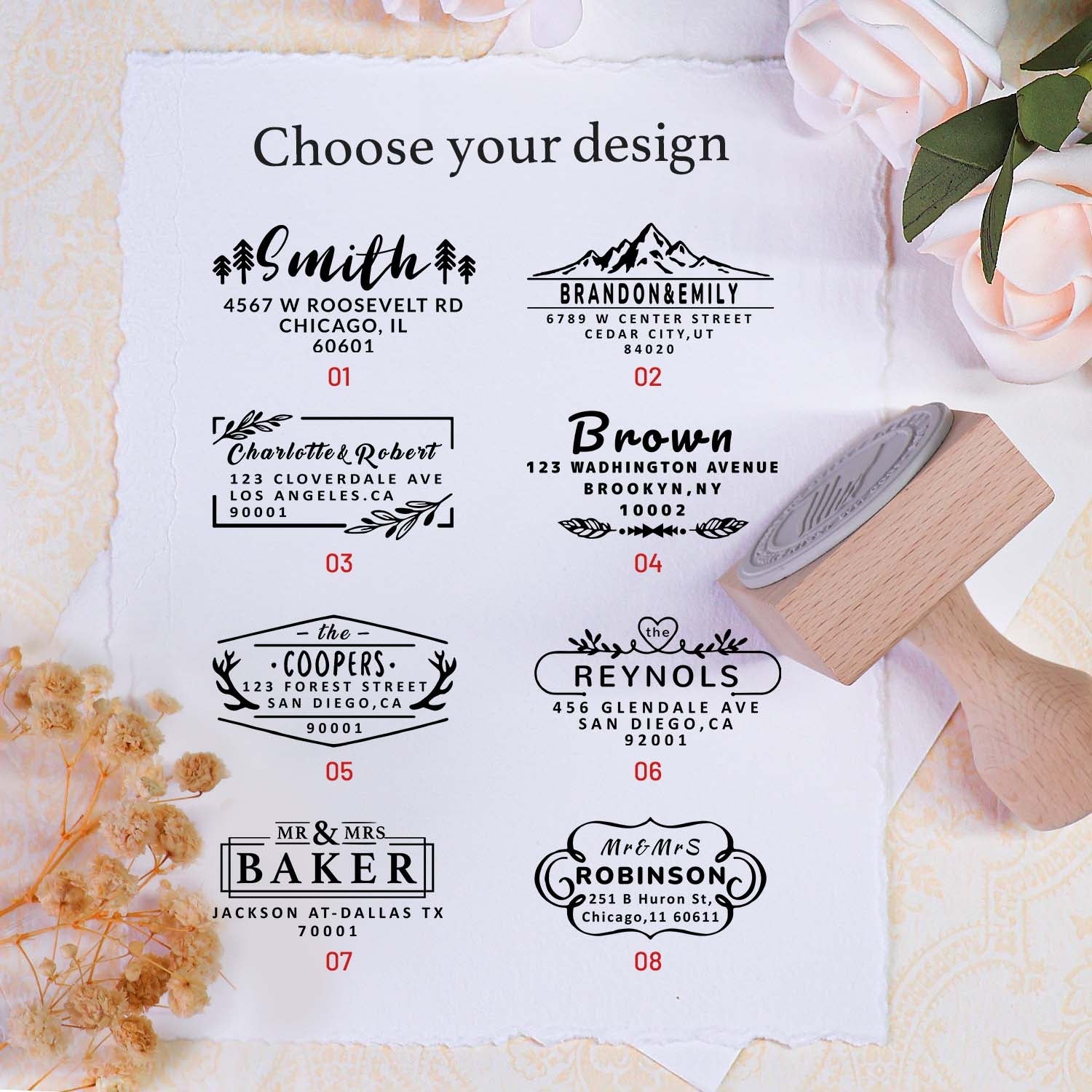 Personalisierter rechteckiger Holz-Gummi-Adress-Stempel - 18 Designs1