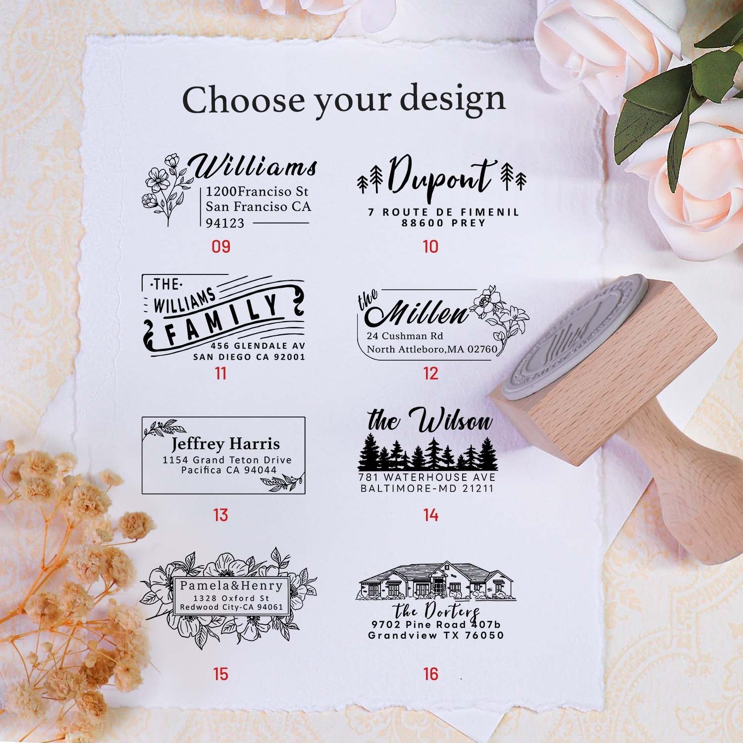 Personalisierter rechteckiger Holz-Gummi-Adress-Stempel - 18 Designs2